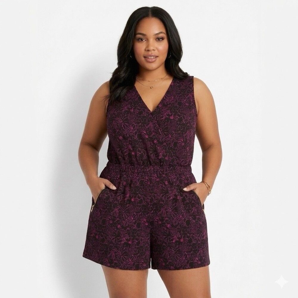 Romper Womens 20 Pink Black Linen Blend Floral Sleeveless Summer Casual Shorts